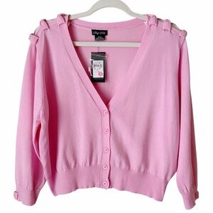 City Chic | Button Front Cropped Cardigan Sweater Bow Details Pink Plus Size 18